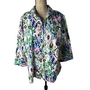 NEW CHICOS Women's Stretch Cotton Blouse Damask Colorful Multicolor Size 3